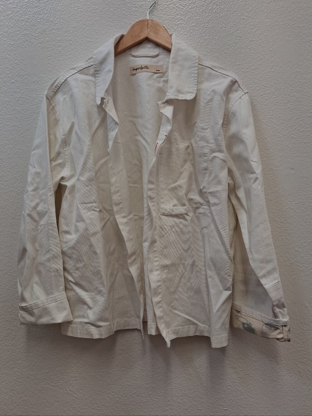 Imperfects White Organic Cotton Chore Jacket Workwear Utility Overshirt USA Larg